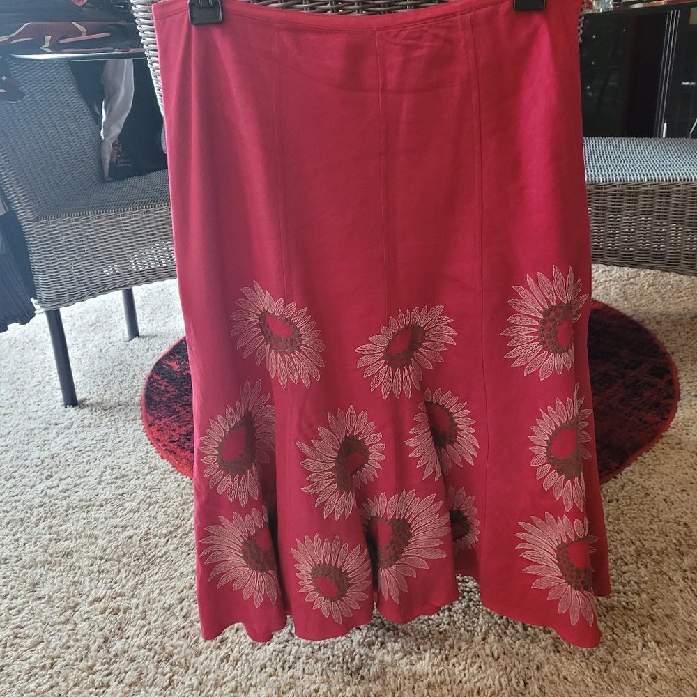 NIE + ZOE ~ Embroidered SUNFLOWERS Pink Flared Linen SKIRT ~ Size 6 ~ EUC